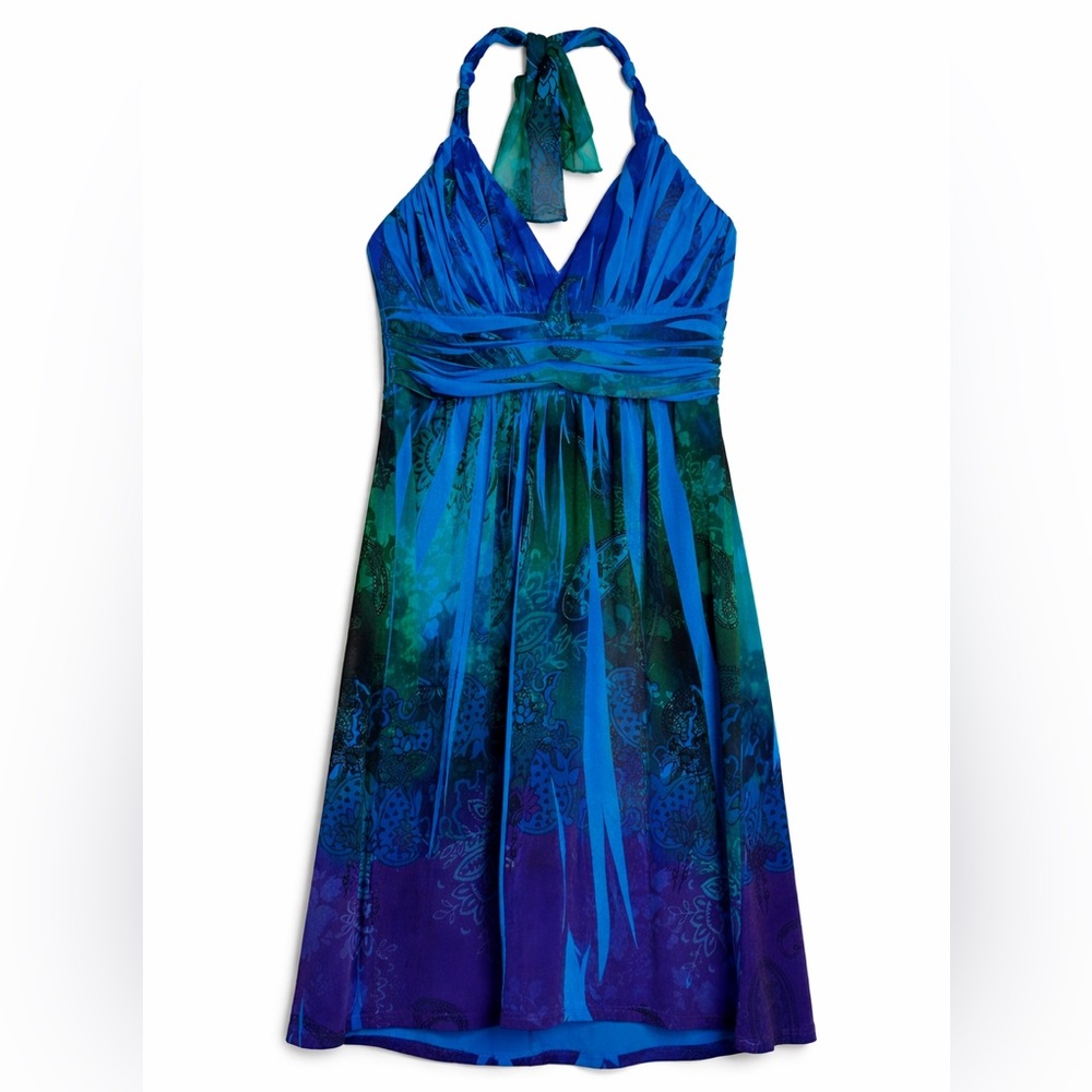 City Triangles Vintage Paisley Halter Dress Blue Teal Purple Empire Waist S